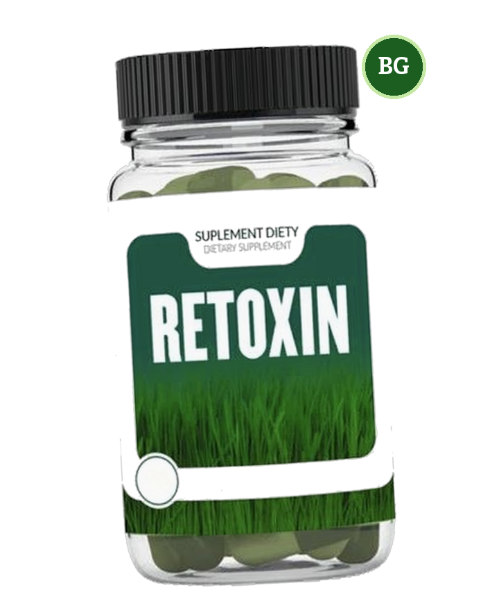 Retoxin — прозрачен буркан с черна капачка и зелен етикет с трева, надпис Dietary Supplement Retoxin