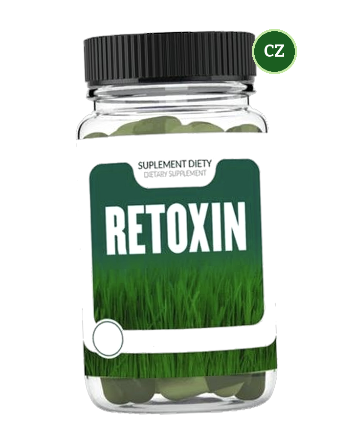 Retoxin — průhledná dóza s černým víčkem a zelenou etiketou s trávou, nápis Dietary Supplement Retoxin