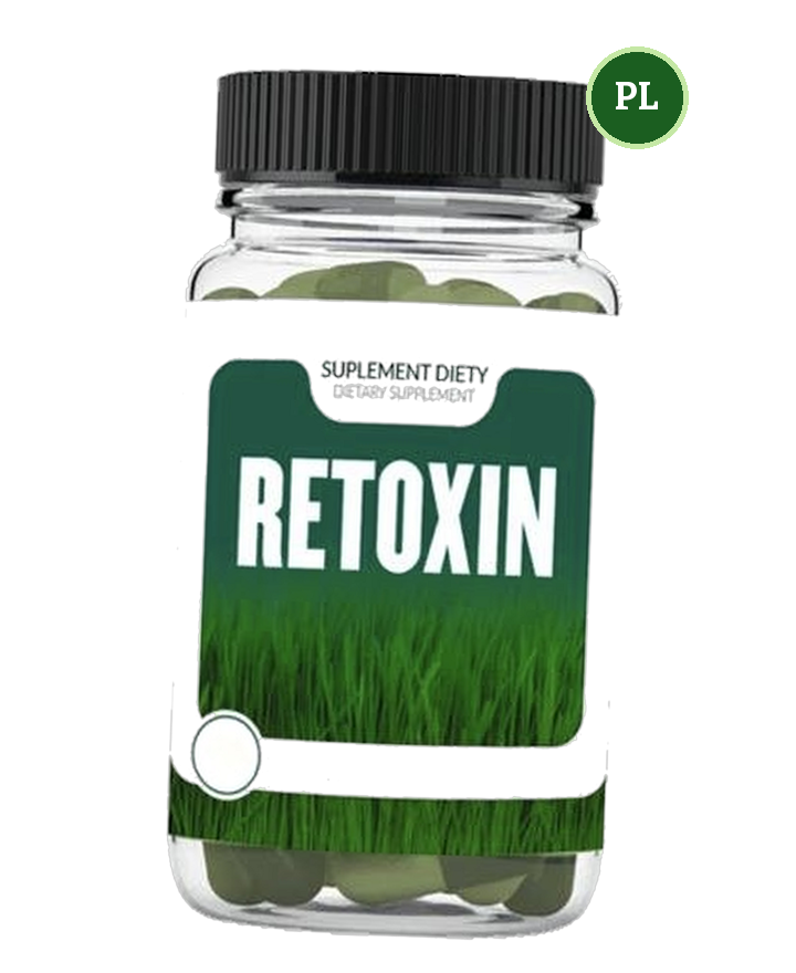 Retoxin — przezroczysty słoik z czarną nakrętką i zieloną etykietą z trawą, napis Suplement diety Retoxin