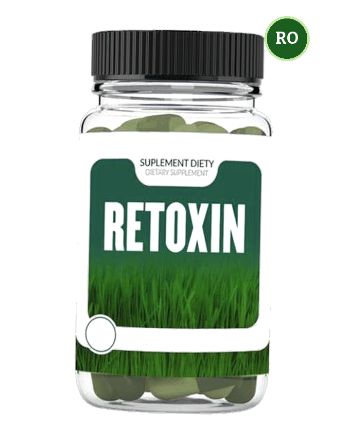 Retoxin — borcan transparent cu capac negru și etichetă verde cu iarbă, inscripția Dietary Supplement Retoxin